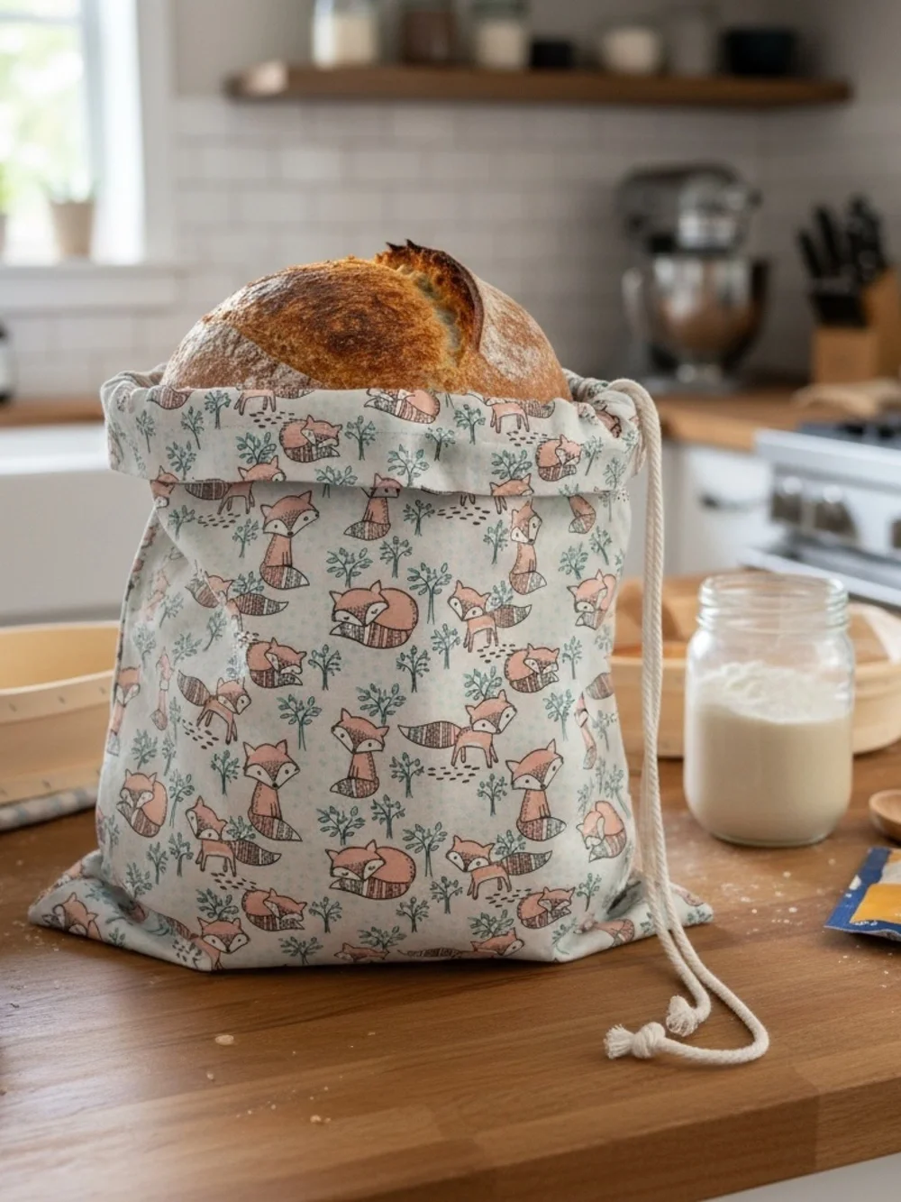 Woodland Fox Reusable Bread Bag, Baby Fox Sourdough Cotton Bread Storage Bag